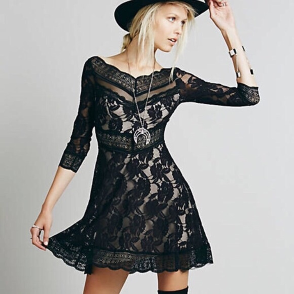 Free People navy lace long sleeve dress